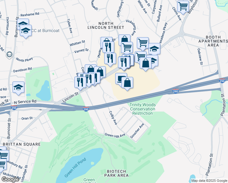 map of restaurants, bars, coffee shops, grocery stores, and more near 541 Lincoln Street in Worcester