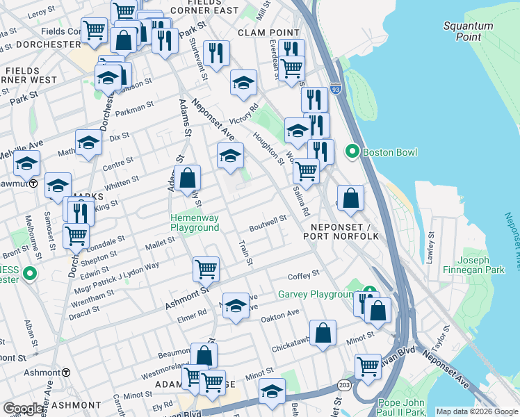 map of restaurants, bars, coffee shops, grocery stores, and more near 22 North Munroe Terrace in Boston