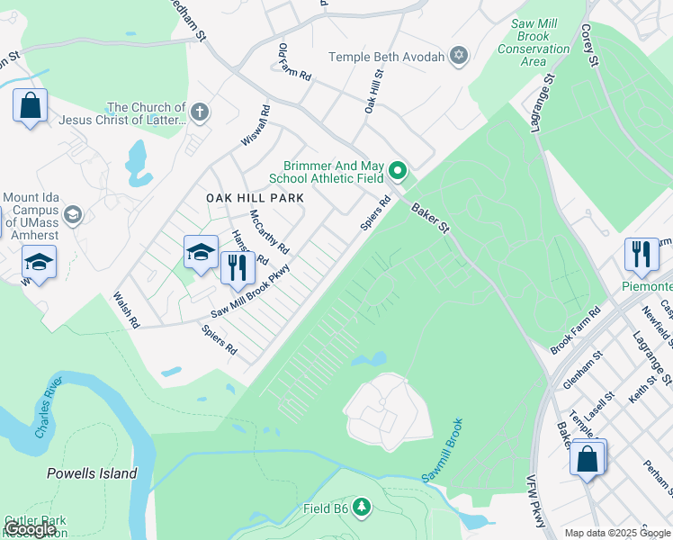map of restaurants, bars, coffee shops, grocery stores, and more near 203 Spiers Road in Newton
