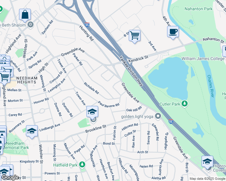 map of restaurants, bars, coffee shops, grocery stores, and more near 29 Rosalie Road in Needham