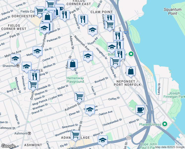 map of restaurants, bars, coffee shops, grocery stores, and more near in Boston