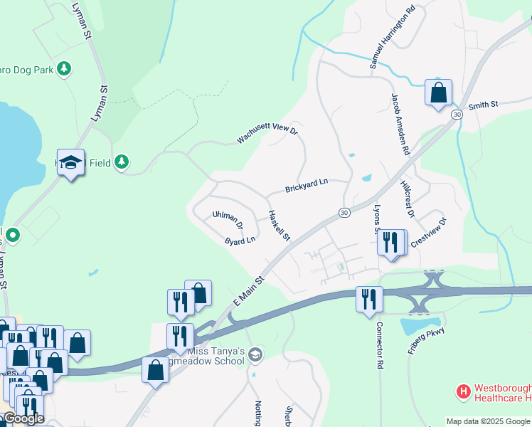 map of restaurants, bars, coffee shops, grocery stores, and more near 11 Haskell Street in Westborough