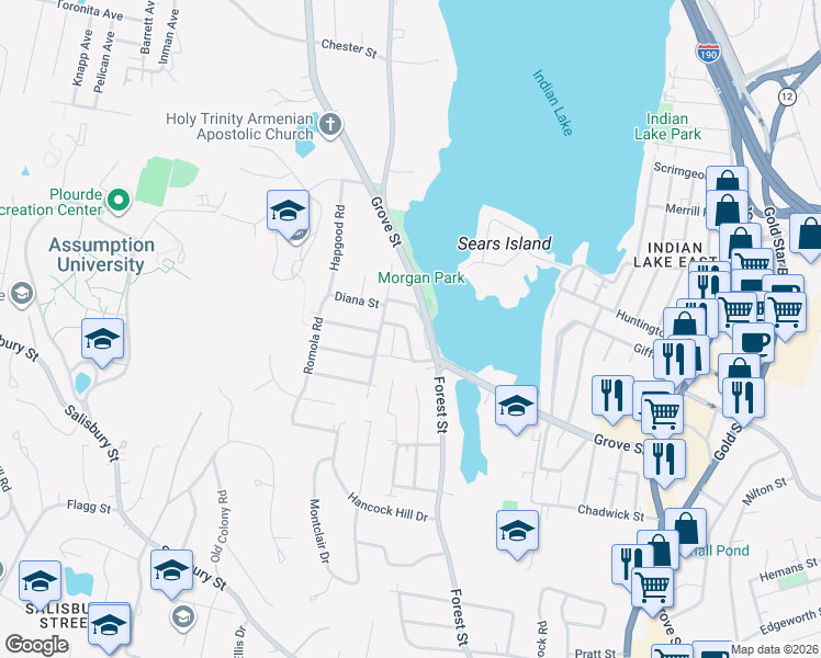 map of restaurants, bars, coffee shops, grocery stores, and more near 9 Barnstable Road in Worcester