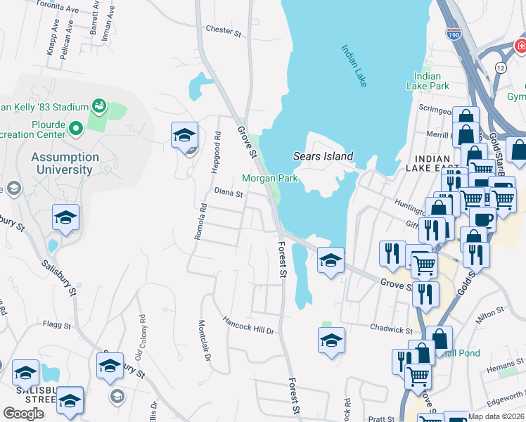 map of restaurants, bars, coffee shops, grocery stores, and more near 36 Eagle Road in Worcester