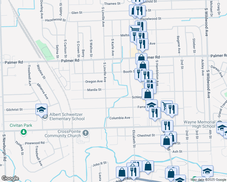 map of restaurants, bars, coffee shops, grocery stores, and more near 35711 Manila Street in Westland