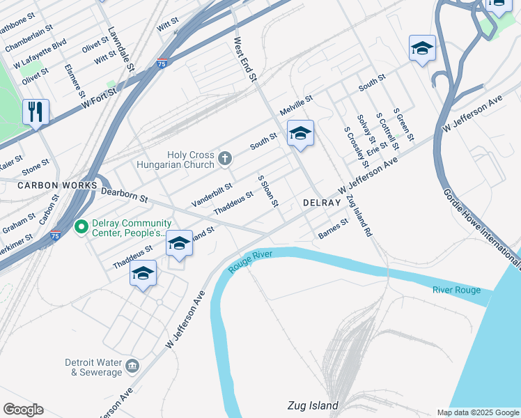 map of restaurants, bars, coffee shops, grocery stores, and more near 740 South Sloan Street in Detroit