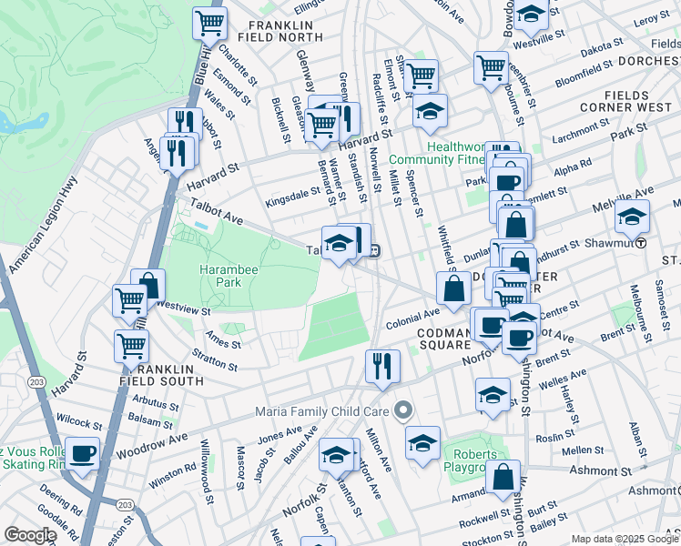 map of restaurants, bars, coffee shops, grocery stores, and more near 155 Talbot Avenue in Boston