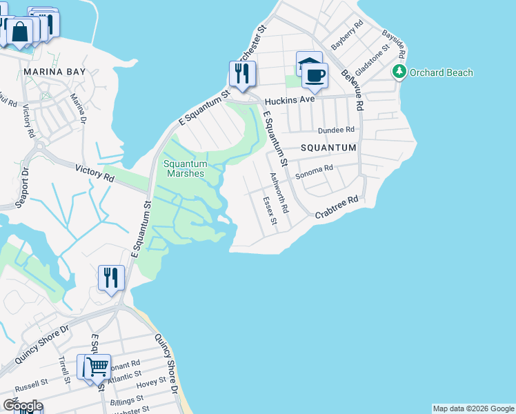map of restaurants, bars, coffee shops, grocery stores, and more near 147 Essex Street in Quincy