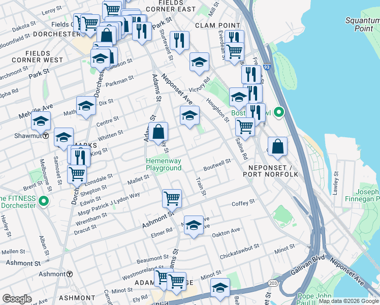 map of restaurants, bars, coffee shops, grocery stores, and more near in Boston