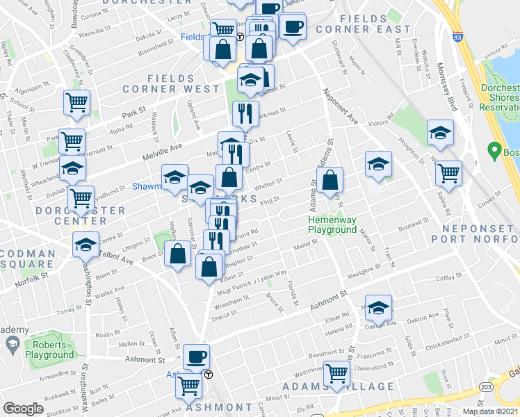 map of restaurants, bars, coffee shops, grocery stores, and more near 18 King Street in Boston