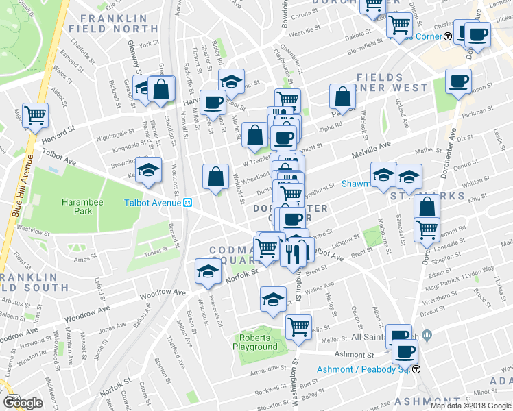 map of restaurants, bars, coffee shops, grocery stores, and more near 87 Whitfield Street in Boston