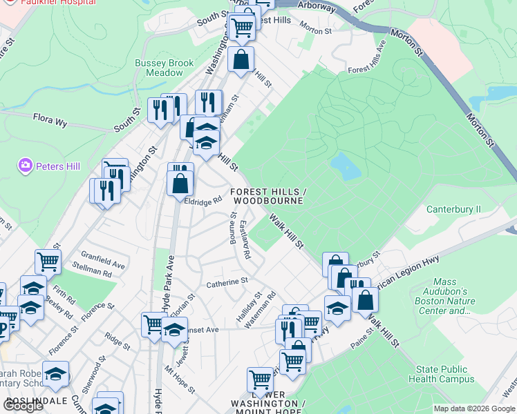 map of restaurants, bars, coffee shops, grocery stores, and more near 2 Eastland Road in Boston