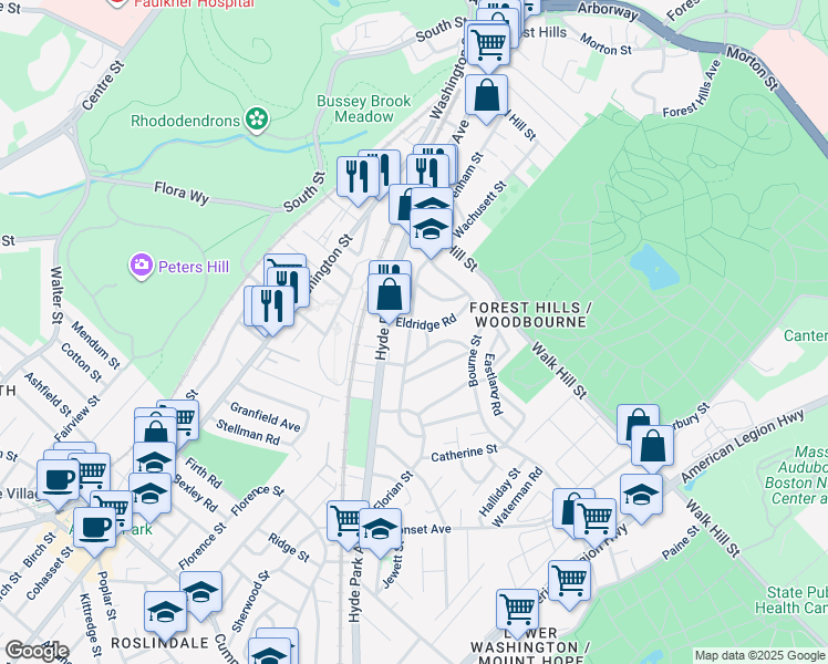 map of restaurants, bars, coffee shops, grocery stores, and more near 210 Wachusett Street in Boston