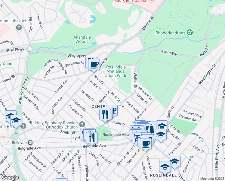 map of restaurants, bars, coffee shops, grocery stores, and more near 51 Knoll Street in Boston
