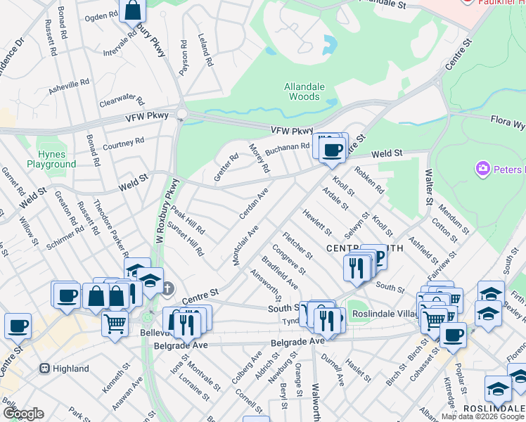 map of restaurants, bars, coffee shops, grocery stores, and more near 18 Cerdan Avenue in Boston