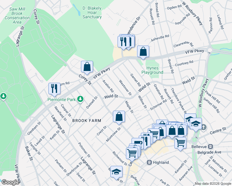 map of restaurants, bars, coffee shops, grocery stores, and more near 192 Maple Street in Boston