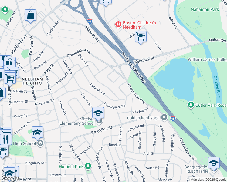 map of restaurants, bars, coffee shops, grocery stores, and more near 29 Rosalie Road in Needham