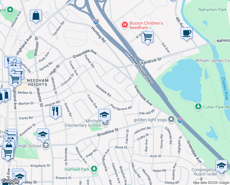 map of restaurants, bars, coffee shops, grocery stores, and more near 139 Parker Road in Needham