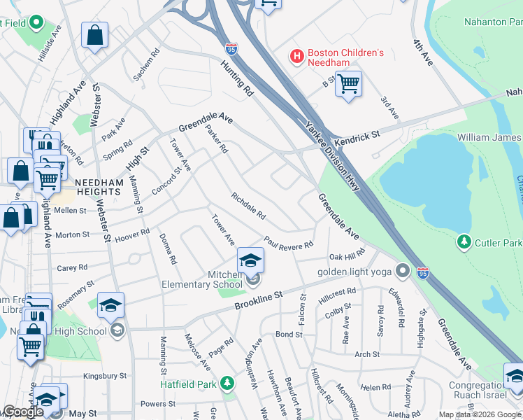 map of restaurants, bars, coffee shops, grocery stores, and more near 139 Parker Road in Needham