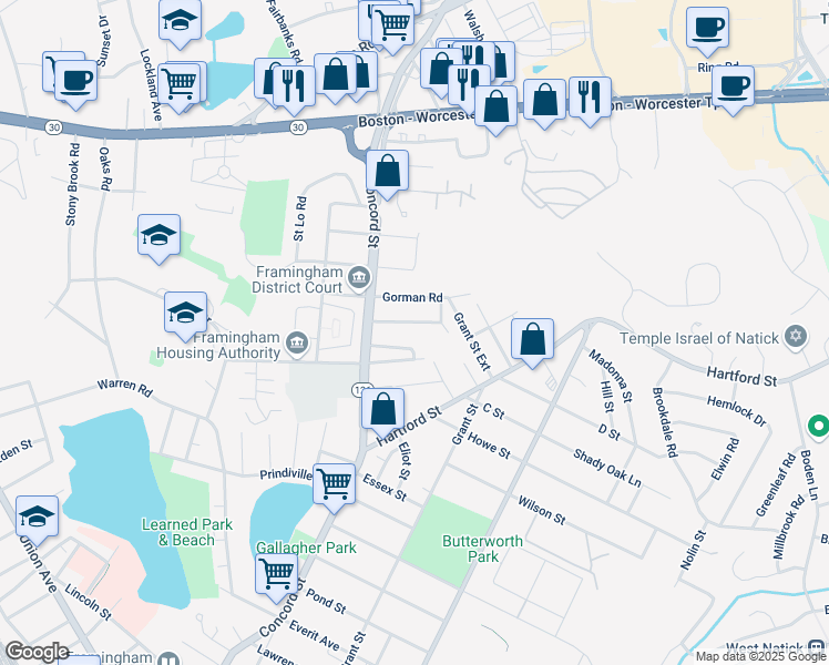 map of restaurants, bars, coffee shops, grocery stores, and more near 36 Belvidere Avenue in Framingham