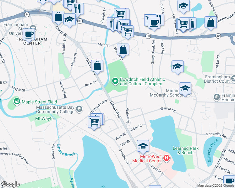 map of restaurants, bars, coffee shops, grocery stores, and more near 475 Union Avenue in Framingham