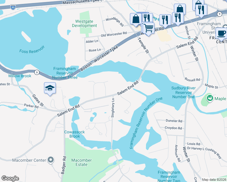 map of restaurants, bars, coffee shops, grocery stores, and more near 389 Salem End Road in Framingham