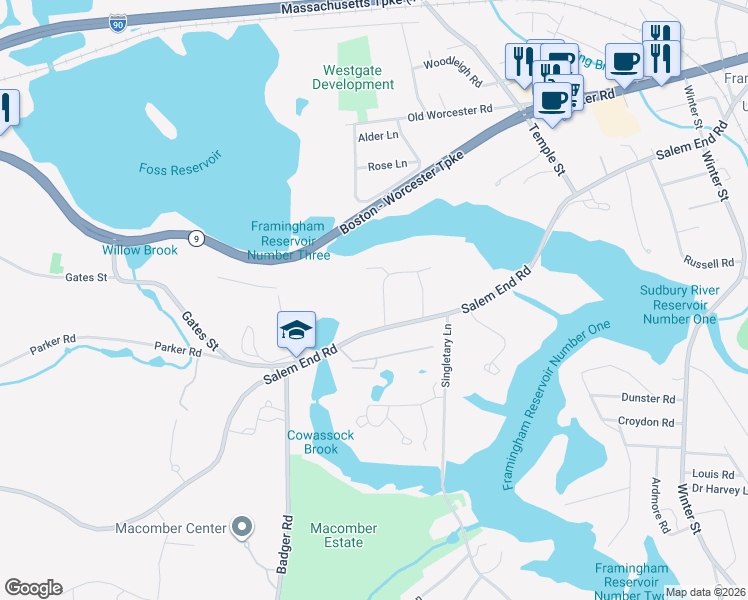 map of restaurants, bars, coffee shops, grocery stores, and more near 9 Gryzboska Circle in Framingham