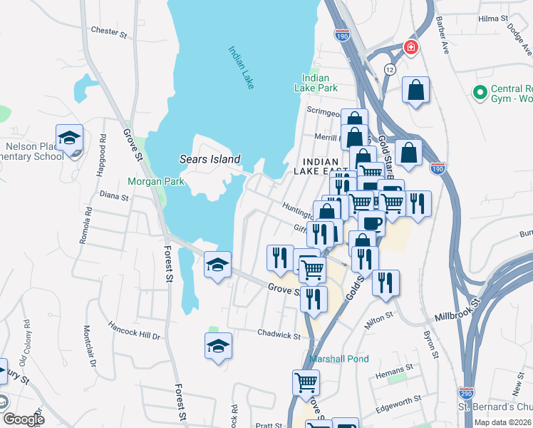 map of restaurants, bars, coffee shops, grocery stores, and more near 41 Huntington Avenue in Worcester