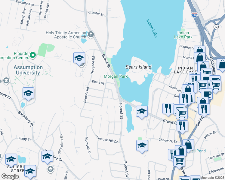 map of restaurants, bars, coffee shops, grocery stores, and more near 9 Barnstable Road in Worcester