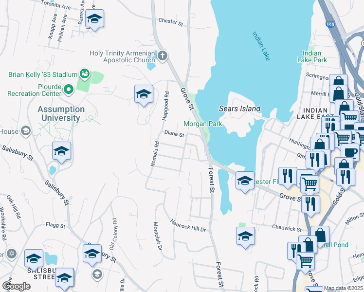 map of restaurants, bars, coffee shops, grocery stores, and more near 1 Waycross Street in Worcester