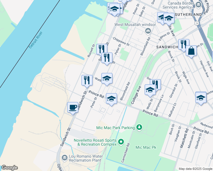map of restaurants, bars, coffee shops, grocery stores, and more near in Windsor