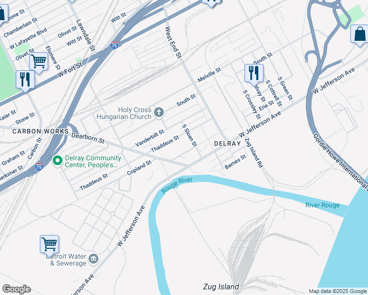 map of restaurants, bars, coffee shops, grocery stores, and more near 740 South Sloan Street in Detroit