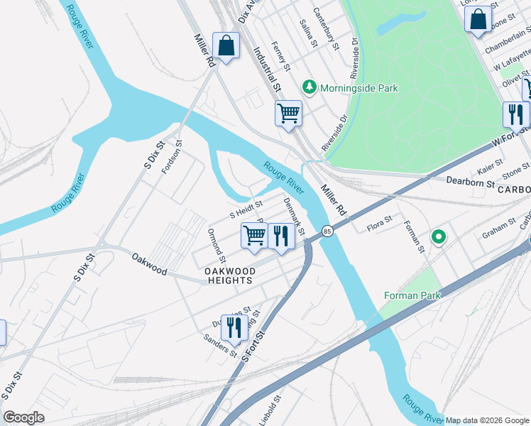 map of restaurants, bars, coffee shops, grocery stores, and more near 275 South Heidt Street in Detroit