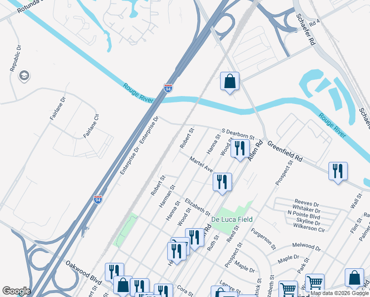 map of restaurants, bars, coffee shops, grocery stores, and more near 17187 Robert Street in Melvindale