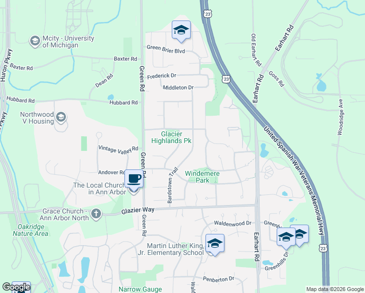map of restaurants, bars, coffee shops, grocery stores, and more near 3600 Larchmont Drive in Ann Arbor