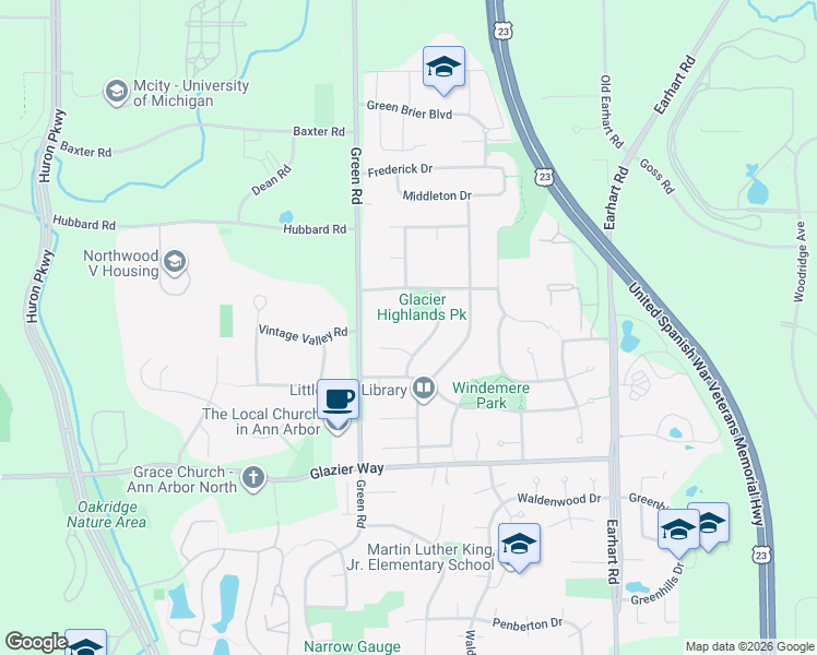 map of restaurants, bars, coffee shops, grocery stores, and more near 3526 Sulgrave Place in Ann Arbor