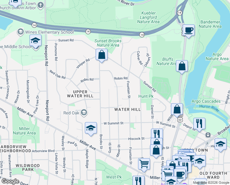map of restaurants, bars, coffee shops, grocery stores, and more near 615 Cressfield Lane in Ann Arbor