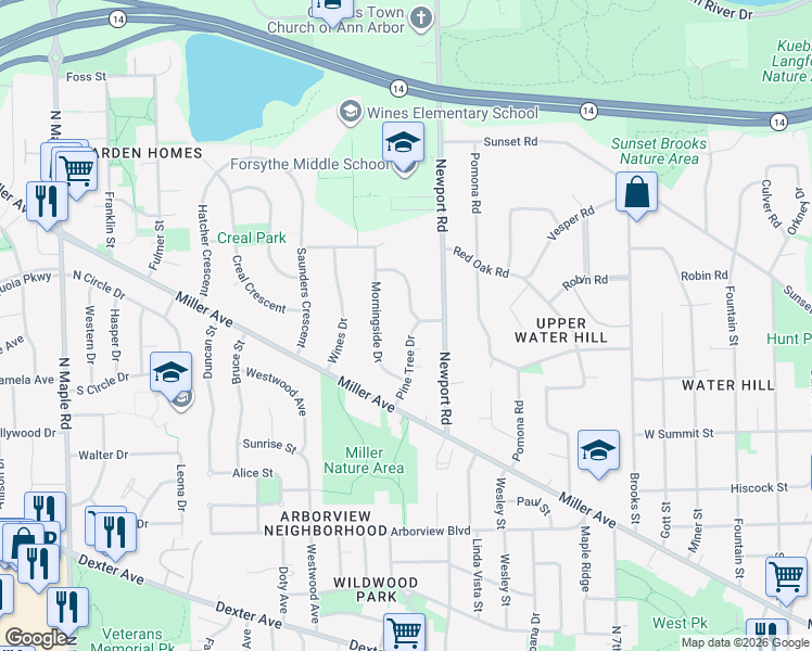 map of restaurants, bars, coffee shops, grocery stores, and more near 1205 Westport Road in Ann Arbor