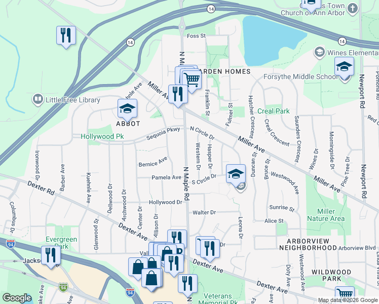 map of restaurants, bars, coffee shops, grocery stores, and more near 1111 North Maple Road in Ann Arbor