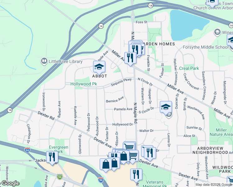 map of restaurants, bars, coffee shops, grocery stores, and more near 2630 Patricia Court in Ann Arbor