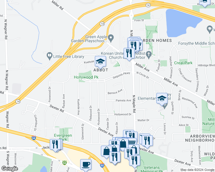 map of restaurants, bars, coffee shops, grocery stores, and more near 2630 Patricia Court in Ann Arbor
