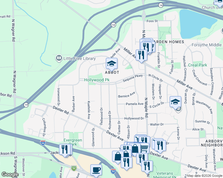 map of restaurants, bars, coffee shops, grocery stores, and more near 2725 Sequoia Parkway in Ann Arbor
