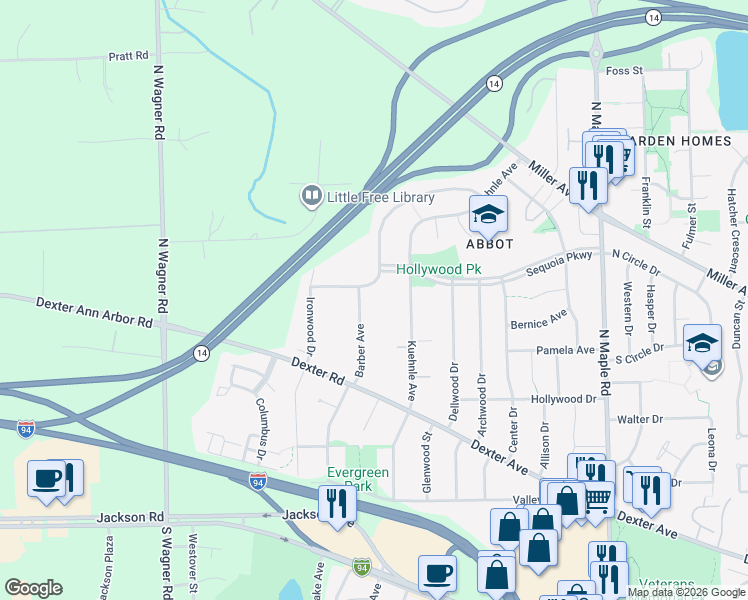 map of restaurants, bars, coffee shops, grocery stores, and more near 785 Kuehnle Avenue in Ann Arbor