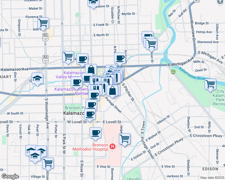 map of restaurants, bars, coffee shops, grocery stores, and more near 241 East Michigan Avenue in Kalamazoo