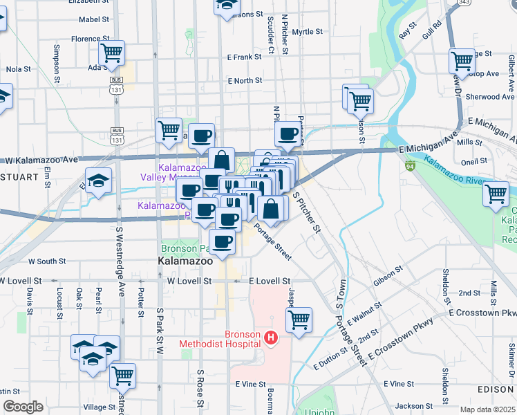 map of restaurants, bars, coffee shops, grocery stores, and more near 241 East Michigan Avenue in Kalamazoo