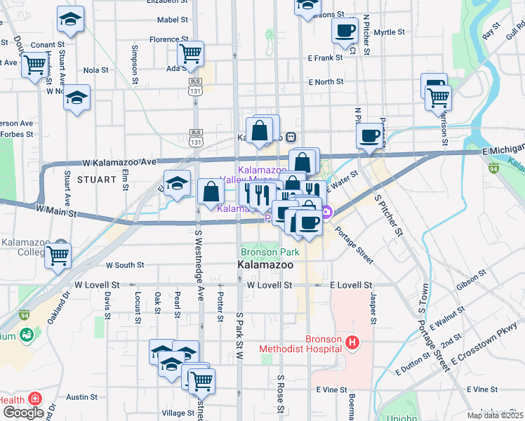 map of restaurants, bars, coffee shops, grocery stores, and more near 235 West Water Street in Kalamazoo