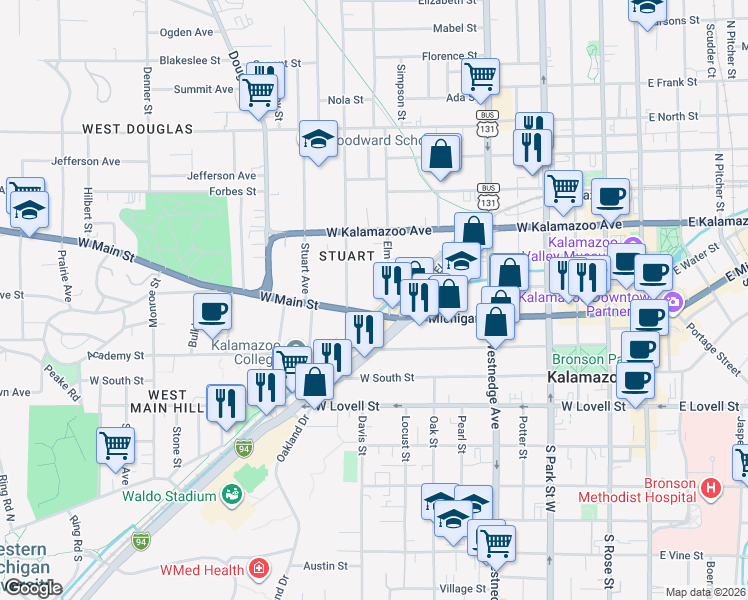map of restaurants, bars, coffee shops, grocery stores, and more near 127 Elm Street in Kalamazoo