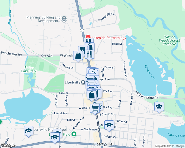 map of restaurants, bars, coffee shops, grocery stores, and more near in Libertyville