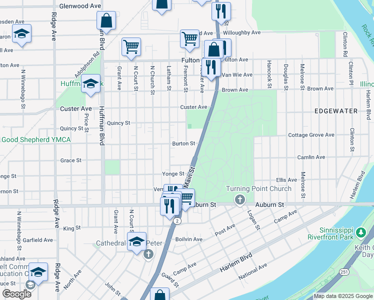 map of restaurants, bars, coffee shops, grocery stores, and more near 1904 North Main Street in Rockford