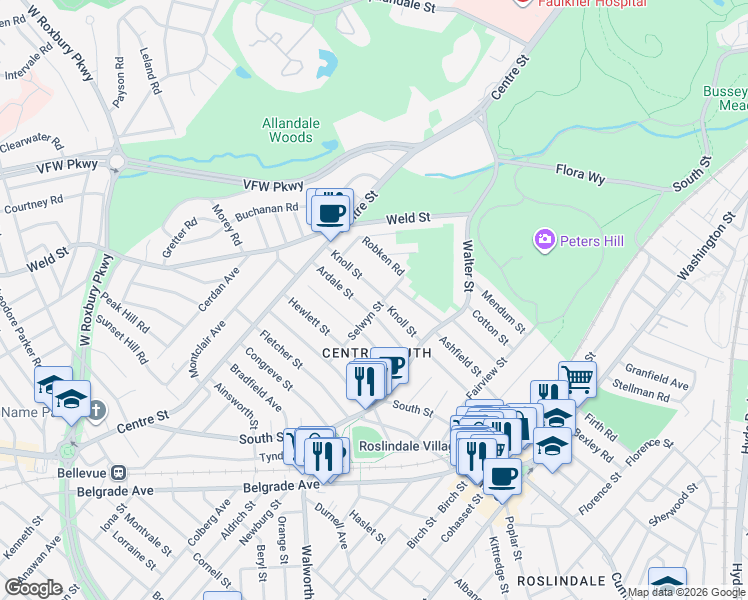 map of restaurants, bars, coffee shops, grocery stores, and more near 71 Selwyn Street in Roslindale